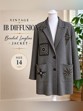 Vintage IB Diffusion Beaded Starburst Longline Blazer - Gray Size 14